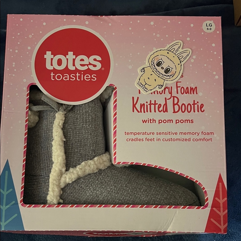 Totes Toasties Gray Knitted Bootie with Pom Poms